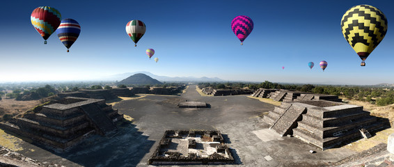 panoramic view of the ruins of Teotihuacan with colorfull ballons in a sub valley of Mexico - The...