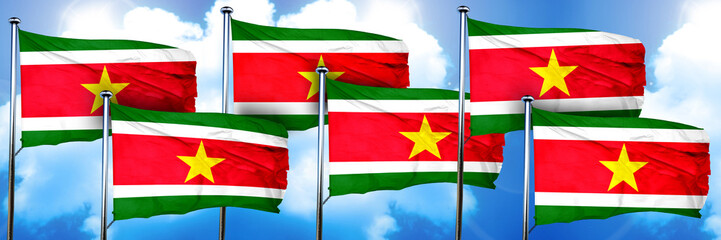 Suriname flags, 3D rendering, on a cloud background