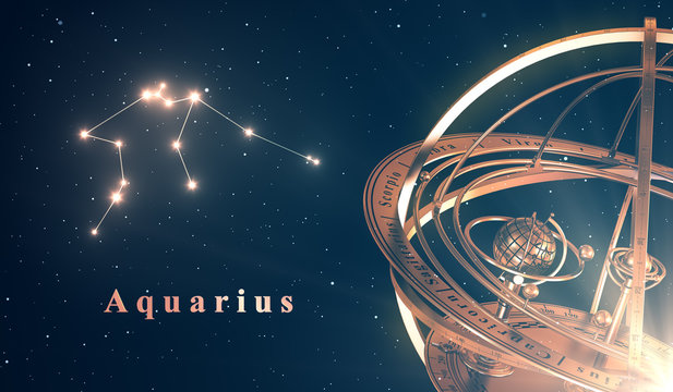 Zodiac Constellation Aquarius And Armillary Sphere Over Blue Background