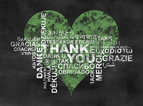 Thank You, Thanks In Different Languages, Word Cloud On Backboard With Green Heart