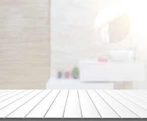 Fototapeta na wymiar Table Top And Blur Bathroom Of Background