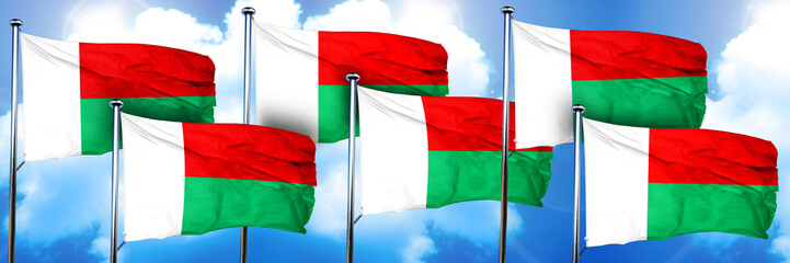Madagascar flags, 3D rendering, on a cloud background