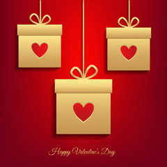 Happy Valentine's day flyer. Valentine's day illustration, greeting card, poster. Gifts, presents with hearts. Red vector background.