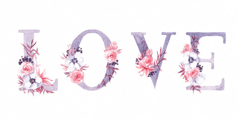 Hand-drawn love text in flowers blossom. St. Valentine's Day greeting card template. Hand-written romantic text