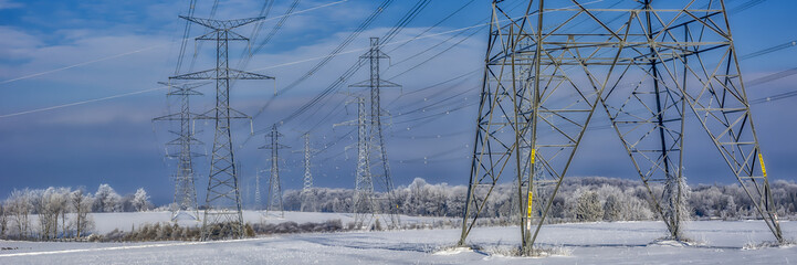 Fozen power lines and hydro towers after ice storm