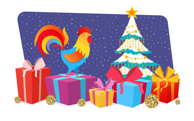 Cute colorful cartoon rooster, symbol 2017 year by eastern calendar with a many gifts. Vector horizontal illustration.
