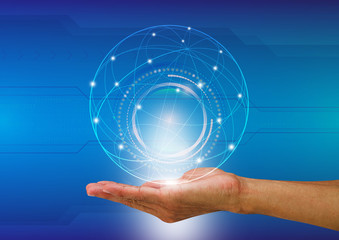 Man's hand holding digital world with communication background, technology concept