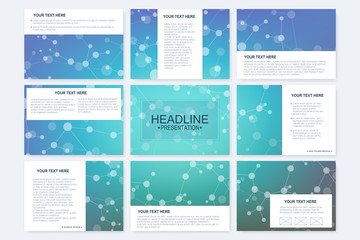 Big set of vector templates for presentation slides. Modern graphic background structure molecule and communication. Scientific pattern atom DNA. Medical, science, chemistry design.