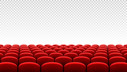 Rows of red cinema movie theater seats on transparent background