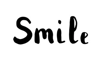 The word smile. Lettering. Brush calligraphy. Motivation and inspiration. Positive inspirational quote on white background. Lettering for posters, cards and social media content.