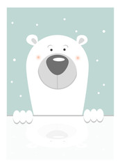 minimalistischer Polar Bär hält sich an einer Eisscholle fest.Sein Gesicht spiegelt sich im Eis