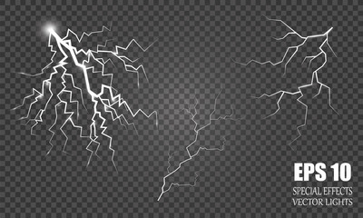 Storm and Lightning with rain and white cloud isolated on transparent background. Vector