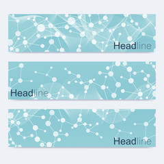 Scientific set of modern vector banners. DNA molecule structure with connected lines and dots. Science vector background. Medical, tecnology, chemistry design.