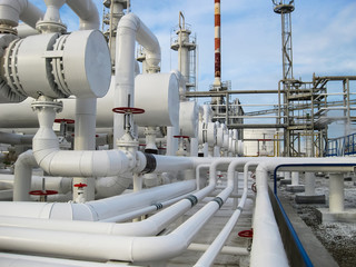 Heat exchangers in refineries. The equipment for oil refining. Heat exchanger for flammable liquids. The plant for the primary processing of oil