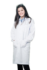 Women scientist is standing on isolated white background