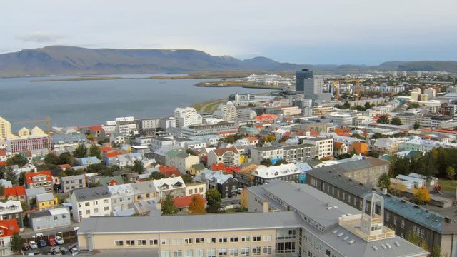 top view on panorama of Reykjavik city and coast of Atlantic ocean, mountain Esja, island Videy