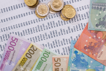 Financial Accounting document  with euro notes close up.