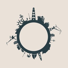 Circle with sea shipping and travel relative silhouettes. Vector illustration. Objects located around the circle. Industrial design background.