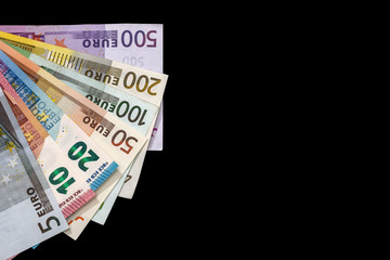 different euro money isolated on black