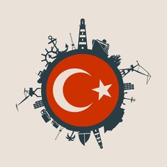 Circle with sea shipping and travel relative silhouettes. Vector illustration. Objects located around the circle. Industrial design background. Turkey flag in the center.