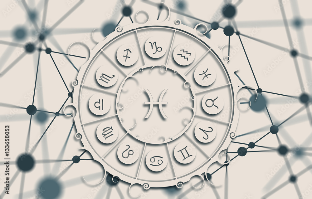 Wall mural astrological symbols in the circle. molecule and communication background. connected lines with dots