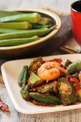 Malaysian Lady Fingers ( Sambal Okra with shrimp ) selective focus