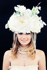 Beautiful Woman Fashion Model with White Flowers Wreath. Classic