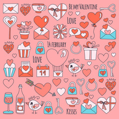 Valentine Day Vector pattern with icons of heart, cake, balloon on pink background