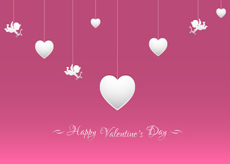 Vector background for Valentine's day with white hearts and cupids.