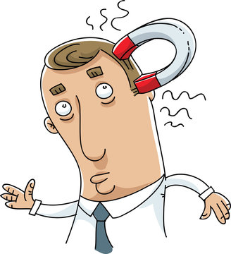 A cartoon man with a magnetic stuck to his head.