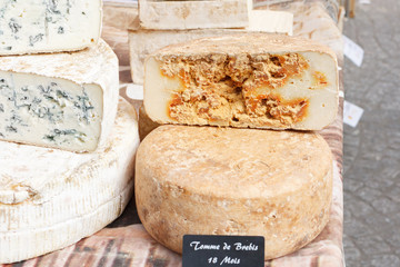 French goat cheese Tomme. blue cheese. the counter on the French market