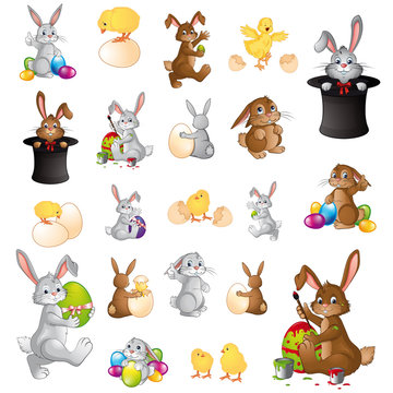 big colorful Easter bunny collection with chicks and Easter eggs