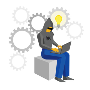 Computer hacker sitting with laptop. Idea bulb and gears behind. Man in black hoody with spider and dark glasses working with computer. Cyber crime concept - flat vector illustration.