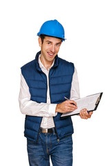 Architect man, blue helmet, isolated over white background.