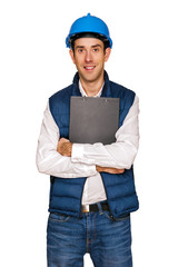 Architect man, blue helmet, isolated over white background.