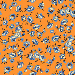 Little blue flowers on orange background - seamless print