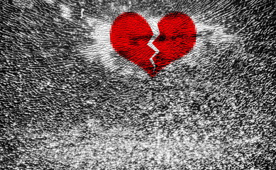 Broken window glass with red heart shape on white and black color background