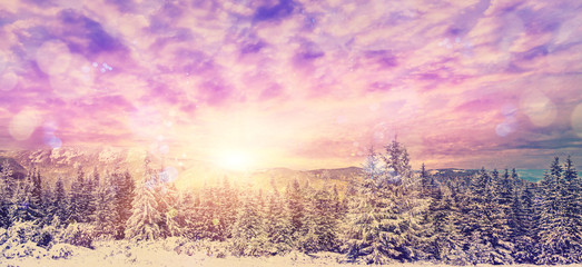 fantastic winter sunset in the mountain. colorful clouds glowing in sunlight over the snow covered trees. instragram effect. retro vintage style.