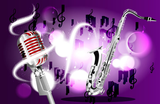Saxophone, microphone and music notes