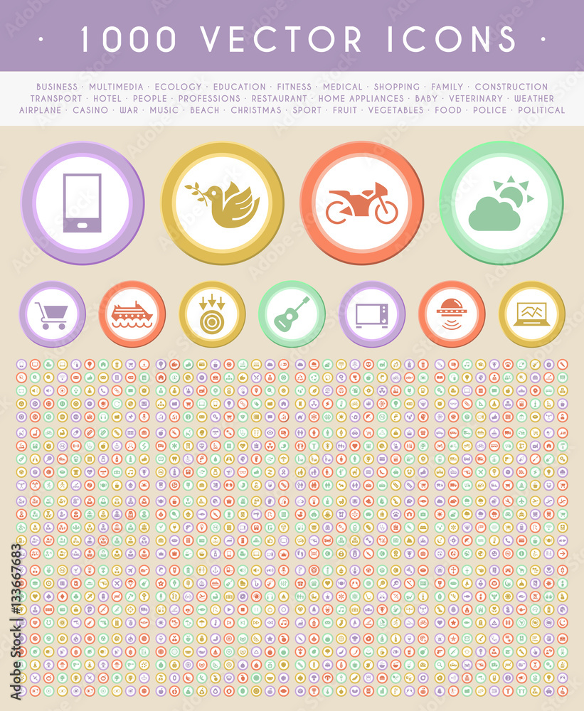 Poster set of 1000 icons on circular color buttons. vector isolated elements.