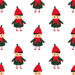 Cute little boy seamless pattern on white background. Boy in cute winter clothes walking outside vector illustration. Baby design for textile, wallpaper, fabric. Winter holidays card.