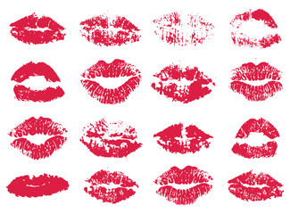 vector set of red woman lipstick kiss prints