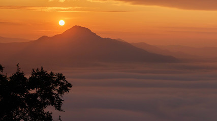 Sunrise, mountain and fog landscape with warm tone, for graphic