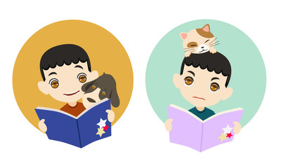 Reading with my pet, cartoon vector illustration
