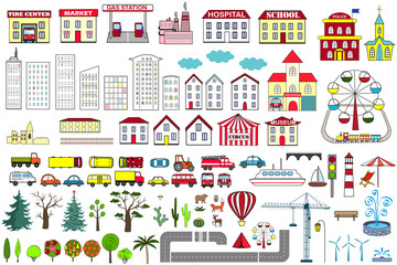 Set of cartoon city map elements. Vector illustration.