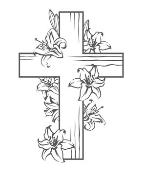 floral image with cross and blooming white lilies, Christian symbol