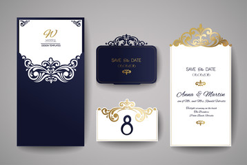Wedding invitation or greeting card with gold floral ornament. Wedding invitation envelope for laser cutting. Vector illustration. - 133671429