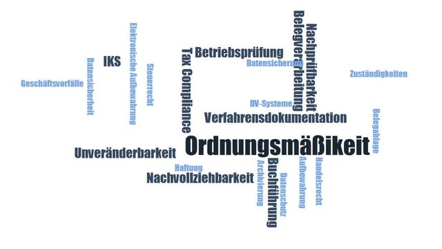 Ordnungsm&auml;&szlig;igkeit - Wortwolke ( word cloud, wordcloud ) mit Begriffen aus dem Bereich GoBD Verfahrensdokumentation.