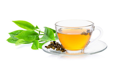 green tea leaf with a glass of tea on white background
