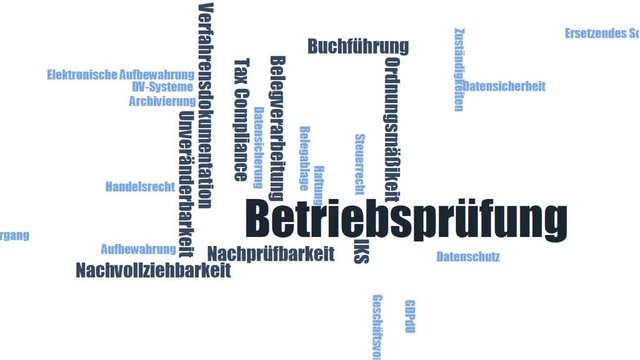 Betriebspr&uuml;fung - Wortwolke ( word cloud, wordcloud ) mit Begriffen aus dem Bereich GoBD Verfahrensdokumentation.